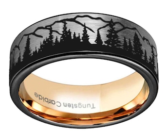 8mm Forest Mountain Ring, 8mm Flat Top Black Tungsten Fir Tree Mountain Band Men, Laser Engraving, Gift For Him