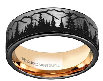 Black Tungsten Wedding Band, Mountain Forest Landscape Ring