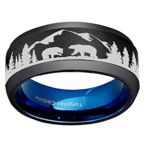 Bear Ring For Men, Black Tungsten Mens Bear Wedding Band, Forest Landscape Ring, Male Wedding Band, Bear Jewelry, Gifts for Dad, Beveled 8MM