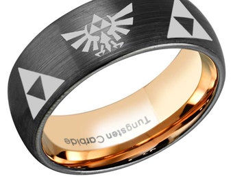 6, 8mm Legend Of Zelda Tungsten Ring, Dome Black Rose Gold Tungsten Zelda Wedding Band, Triforce Zelda Tungsten Ring