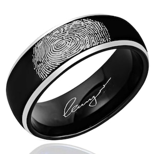 Black Tungsten Fingerprint Rings, Custom Fingerprint, Mens Wedding Band, Mens Promise Ring, Gifts For Dad, Dome 8MM
