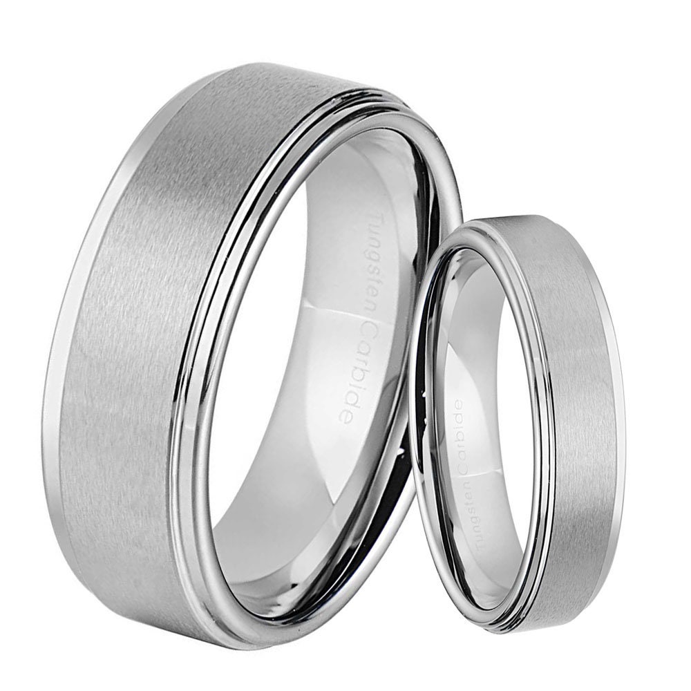 8mm/6mm Tungsten Carbide Beveled Edge Brushed Center Wedding Band Ring Set His & Hers Custom Engraving