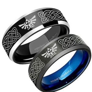 8mm Tungsten Celtic Zelda Wedding Band, Beveled Black Tungsten Zelda Triforce Ring, Personalized Gifts
