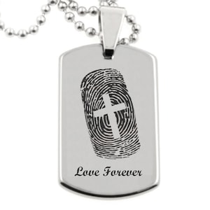 Tungsten Cross Fingerprint Necklace, Dog Tag Pendant, Personalized Keychain, Fingerprint Memorial, Gifts For Husband