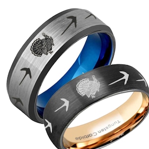 Turkey Hunting Ring, 8mm Gray Tungsten Hunting Tracks Engagement Ring, Gifts For Dad, Laser Engraving Wedding Band