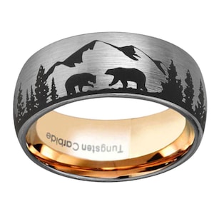 Bear In Mountain Ring, Black Tungsten Forest Band, Landscape Nature Mens Wedding Band, Personalized Gifts