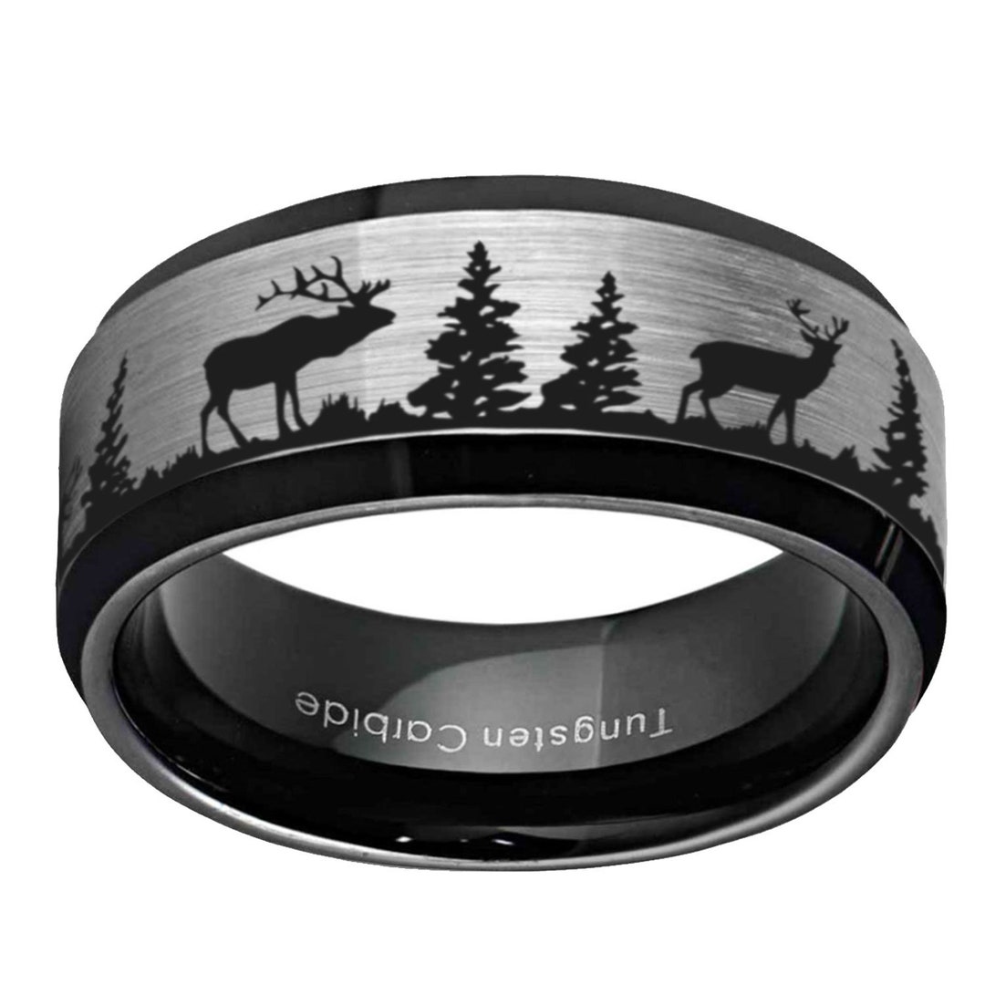 Deer Nature Ring Man, 8mm Beveled Black Tungsten Antler ELK Wedding ...
