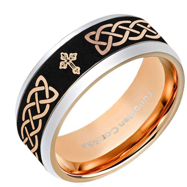 Rose Gold Tungsten Celtic Cross Ring, 8mm Blue Tungsten Celtic Knot Mens Wedding Band, Customized Jewelry