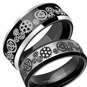 Anillo de tungsteno gris de 8 mm, alianza de boda con engranajes biselados