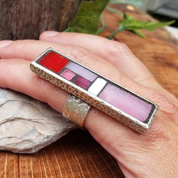 Pink Mosaic Ring, Hammered Silver Ring, Rectangular Ring, Wearable Art, Micro Mosaic Ring, Mosaic Hammered Ring, Stain Glass Ring.