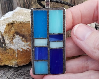 Blue Geometric Mosaic Pendant Necklace, Stained Glass Silver Rectangle Necklace.