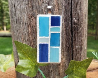 Blue Tile Mosaic Necklace, Unique Artisan Statement Pendant.