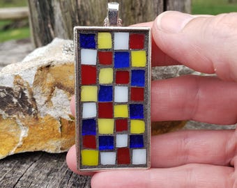 Abstract Grid Mosaic Pendant, Primary Color Jewelry, Unique Artisan Necklace