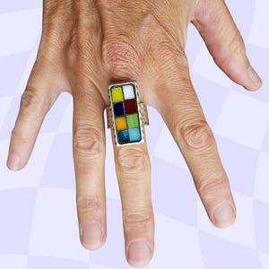 Multicolor Checkerboard Mosaic Ring, Hammered Silver Rectangular Ring, Wearable Art Jewelry