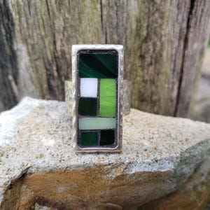 Green Geometric Mosaic Ring, Hammered Silver Rectangular Ring, Wearable Art Jewelry