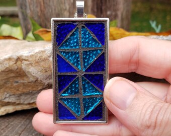 Blue Geometric Mosaic Pendant Necklace: Stained Glass Wearable Art
