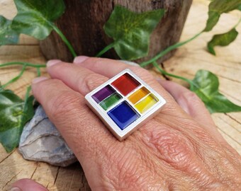 Silver Square Mosaic Statement Ring, Stained Glass Ring, Micro Mosaic Jewelry, Wearable Art.