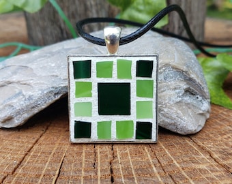 Green Stained Glass Mosaic Pendant Necklace: Wearable Art Jewelry.