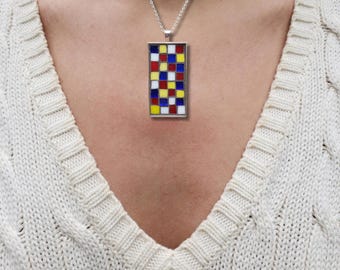 Abstract Grid Mosaic Pendant, Primary Color Jewelry, Unique Artisan Necklace