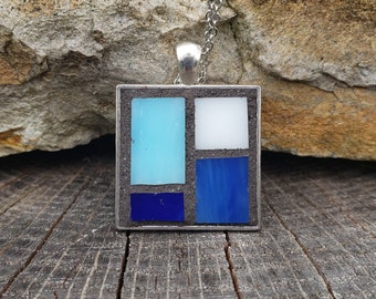 Blue and White Stained Glass Pendant Necklace, Wearable Art Jewelry.