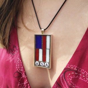 Mosaic Flag Pendant Necklace, Stained Glass Art Jewelry, Wearable Art.