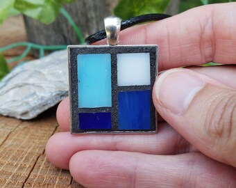 Blue and White Stained Glass Pendant Necklace, Wearable Art Jewelry.