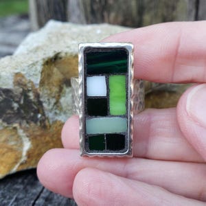 Green Geometric Mosaic Ring, Hammered Silver Rectangular Ring, Wearable Art Jewelry