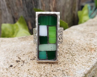 Green Geometric Mosaic Ring, Hammered Silver Rectangular Ring, Wearable Art Jewelry