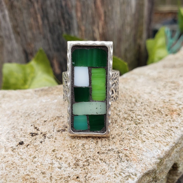 Green Geometric Mosaic Ring, Hammered Silver Rectangular Ring, Wearable Art Jewelry