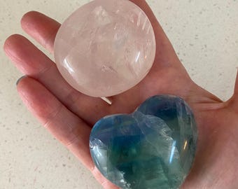 Fluorite Heart and Rose Quartz Set / Mexico and Madagascar