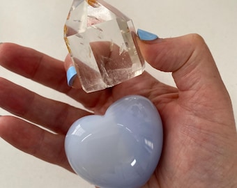 Quartz Crystal Tower and Chalcedony heart Set / Brazil