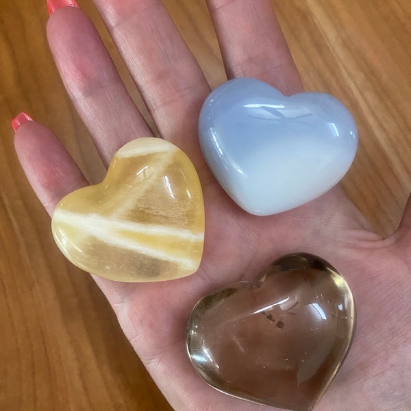 Crystal Heart Set / smoky Quartz, chalcedony and Honeycomb Calcite