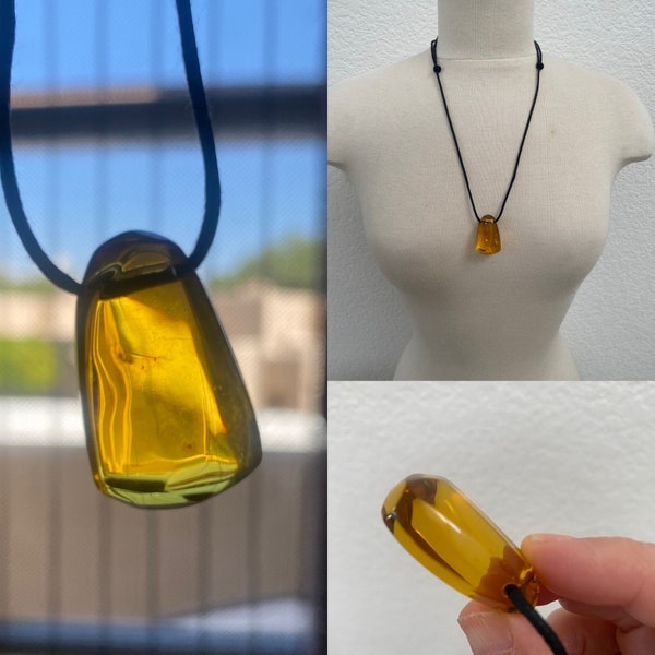 Mexican Chiapas Amber Pendant Necklace Adjustable Cord