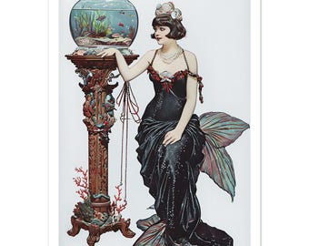 Diva Mermaid Vintage Illustration Klassisches Poster aus halbglänzendem Papier ohne Rahmen