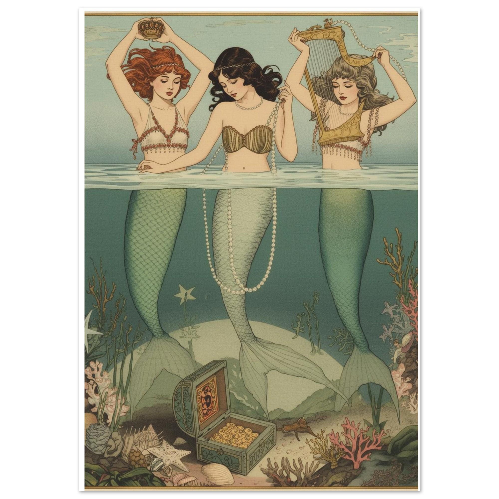 Vintage Art Nouveau Mermaid Poster Wall Art - Elegant Ocean ...