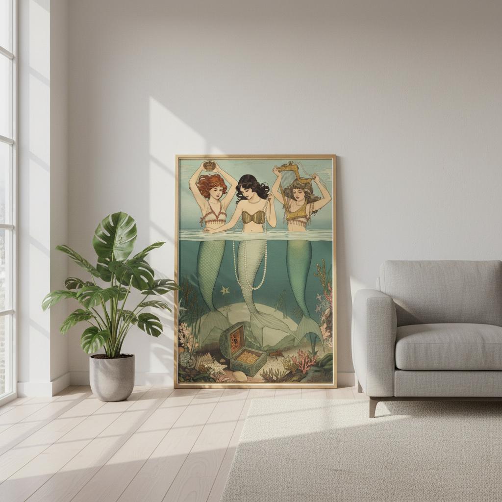 Vintage Art Nouveau Mermaid Poster Wall Art - Elegant Ocean ...