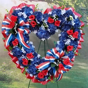 Open Heart Cemetery Wreath, Red White Blue, Sympathy Wreath, Gravesite, Memorial, Funeral Flowers, Cemetery, Valentine&#39;s Day, Patriotic