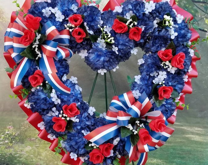Open Heart Cemetery Wreath, Red White Blue, Sympathy Wreath, Gravesite