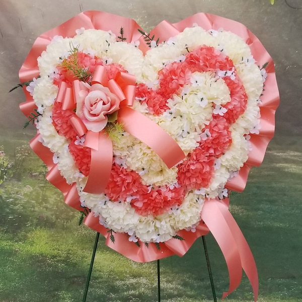 14 inch Peach and Cream Heart, Cemetery Wreath, Memorial, Sympathy, Funeral Flower, Mother's Day, Gravesite, Valentine's, Stand Not Included