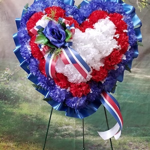 14 inch Red, White Blue Heart, Cemetery Wreath, Patriotic, Memorial, Sympathy, Funeral Flower, Gravesite, Valentine&#39;s, Stand Not Included