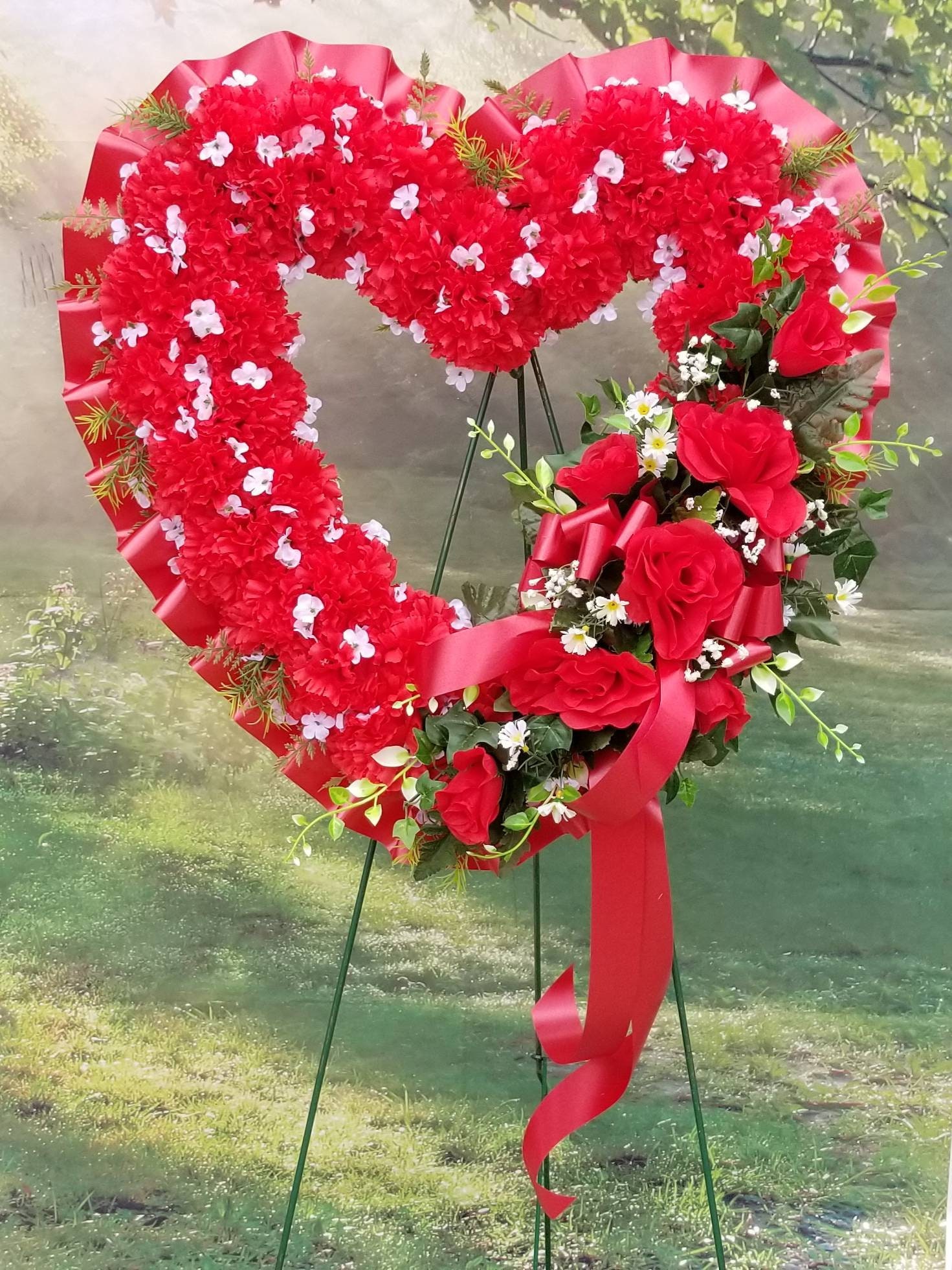 Red and White Heart Shaped Funeral Flowers