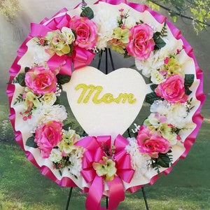 Mom Cemetery Wreath, Hot Pink and Cream, Sympathy Wreath, Cemetery Flowers, Gravesite, Memorial, Funeral Flowers, Arrangement, Mother&#39;s Day