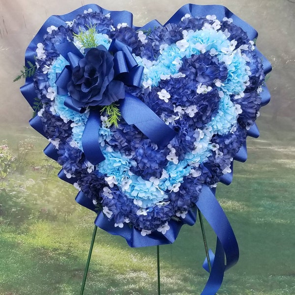 14 inch Navy Light Blue Heart, Cemetery Wreath, Memorial, Sympathy, Funeral Flower, Mother's Day, Gravesite, Valentine's, Stand Not Included