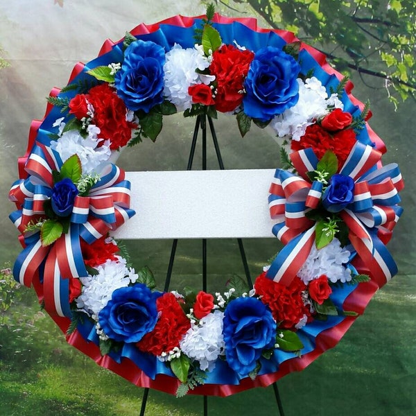 PERSONALIZED Patriotic Cemetery Wreath, Red White Blue, Cemetery Flowers, Gravesite, Memorial, Memorial Day, Veteran, 4th of July, Americana