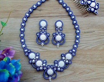 blue and white soutache set, soutache necklace, handmade necklace, soutache jewelry, blue soutache jewelry, beaded jewelry