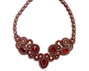 dark red and beige soutache jewelry, soutache jewelry, soutache necklace, necklace, Soutache Jewelry, Statement, bridal jewelry