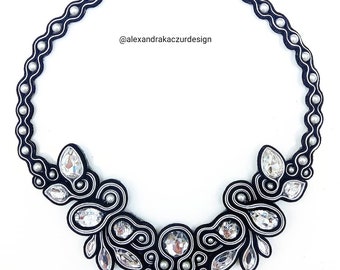 black and light grey soutache necklace, handmade necklace, soutache jewelry, beaded jewelry