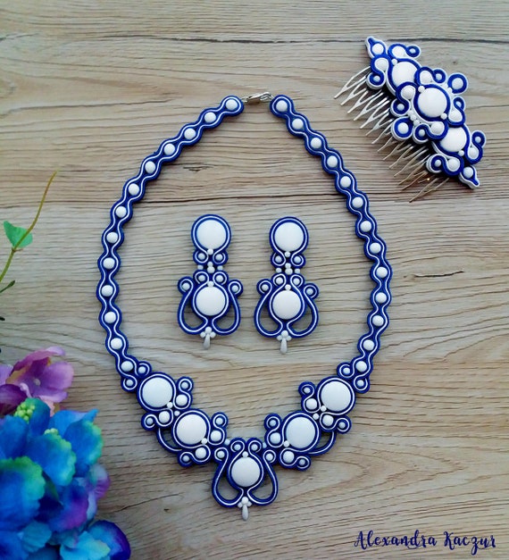 Blue and White Soutache Set Soutache Necklace Handmade Necklace Soutache Jewelry Blue Soutache Jewelry Beaded Jewelry Etsy Ireland