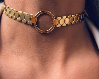 O-Ring choker Necklace, Gold Choker Necklace, Gold chain choker, Flat chain choker, Choker Collar, O - Ring Choker Collar