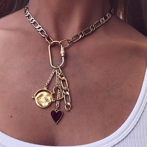 Gold Carabiner Clasp Necklace, Carabiner charm necklace, Lariat with Carabiner, Evil Eye & Heart,  Gift for her